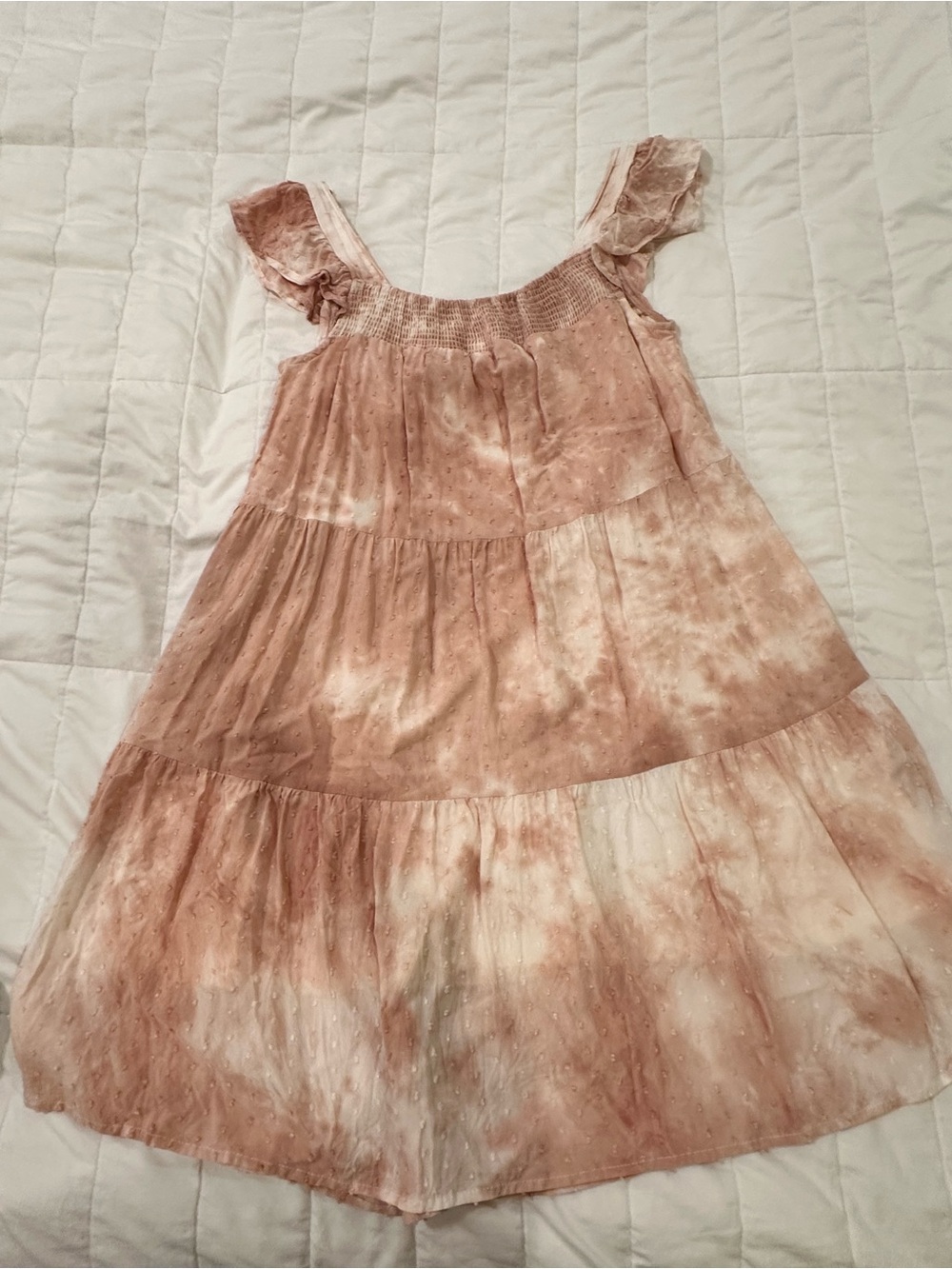 Smocked Pink Tie-Dye Mini Dress with Flutter Sleeves
